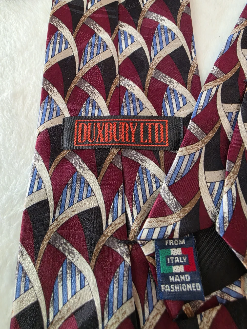 Vintage Duxbury Ltd. Men's Silk Necktie Art Deco Geometric Burgundy Black Cream